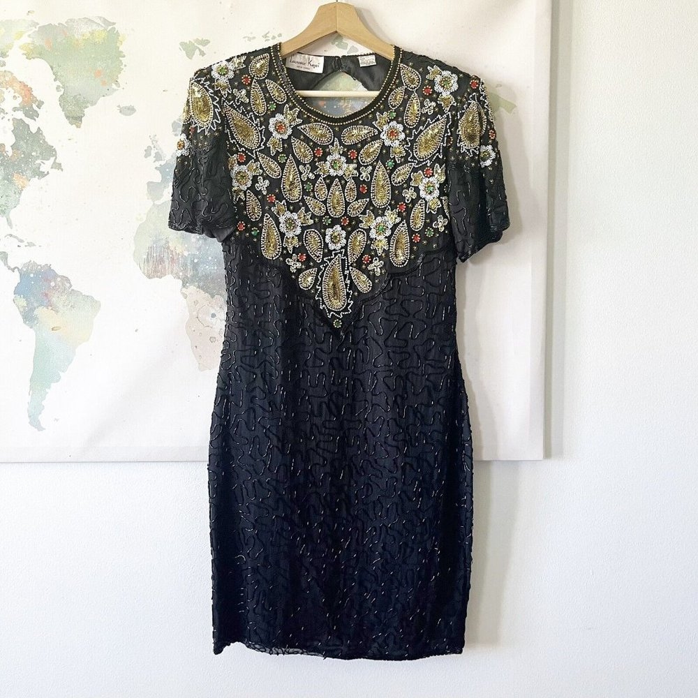 Laurence Kazar Petite Medium Dress Beaded Sequin Silk Multi Black Short Sleeve